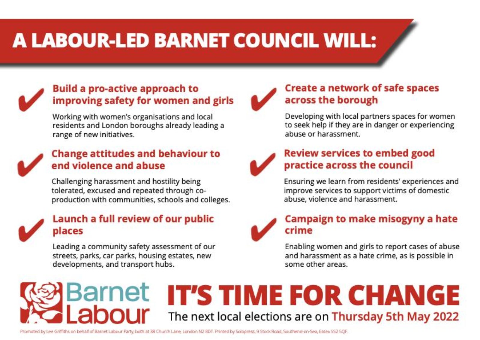 Barnet Labour Leaflet with Pledges on Women